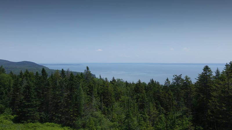 Bay of Fundy: A lookout point over the Bay of Fundy on the drive to the Third Vault Falls trailhead.