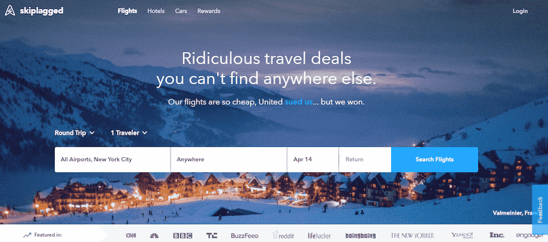 Skiplagged homepage