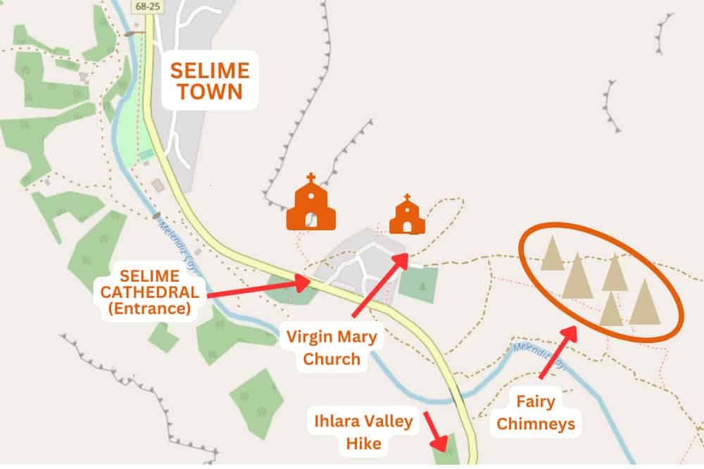 Map of Selime Cathedral and nearby attractions
