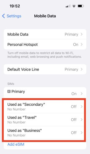 iPhone eSIM activation check - SIMs section of Cellular Data